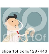 Poster, Art Print Of Flat Modern Design Styled Stressed White Businessman Reading A Long List Or Document Over Blue