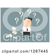 Poster, Art Print Of Flat Modern Design Styled White Businessman Thinking Of Tossing Documents Into A Trash Bin Over Blue