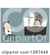 Poster, Art Print Of Flat Modern Design Styled White Businessman Talking To A Confused Employee Bombarded With Paperwork Over Blue