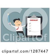 Poster, Art Print Of Flat Modern Design Styled White Businessman Holding A Pencil By A Completed Checklist Over Blue