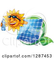 Poster, Art Print Of Happy Sun Holding A Water Bottle And Facing Left Over A Solar Panel And Leaves
