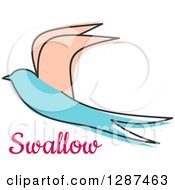 Poster, Art Print Of Pastel Sketched Salmon Pink And Turquoise Swallow Flying Over Pink Text