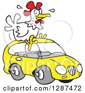 Poster, Art Print Of Cartoon White Chicken Sitting On A Yellow Hatchback Car