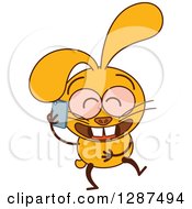 Poster, Art Print Of Cartoon Yellow Rabbit Giggling And Talking On A Cell Phone