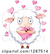 Poster, Art Print Of Cute Fluffy White Sheep Hugging A Heart With Pink Hearts