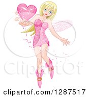 Poster, Art Print Of Blond Haired Blue Eyed White Female Fairy Holding Out A Pink Love Heart