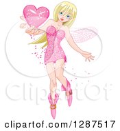 Clipart Of A Blond Haired Blue Eyed White Female Fairy Holding Out A Pink Love Heart Royalty Free Vector Illustration