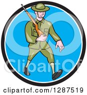 Poster, Art Print Of Cartoon World War I British Soldier Marching With A Rifle In A Black White And Blue Circle