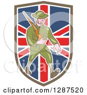 Poster, Art Print Of Cartoon World War I British Soldier Marching With A Rifle In A Union Jack Shield
