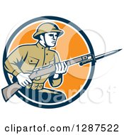 Poster, Art Print Of Retro World War One American Soldier With A Bayonet And Rifle In A Navy Blue White And Orange Circle