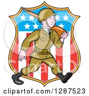 Clipart Of A Cartoon World War II Soldier Marching With A Rifle Over An American Shield Royalty Free Vector Illustration