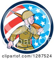 Poster, Art Print Of Cartoon World War Ii Soldier Marching With A Rifle In An American Flag Circle
