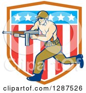 Poster, Art Print Of Cartoon Army Soldier Running With A Tommy Gun Over An American Shield