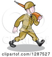 Poster, Art Print Of Cartoon World War Ii American Soldier Marching With A Rifle