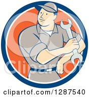 Clipart Of A Retro Cartoon Male Mechanic Holding A Wrench In A Blue White And Orange Circle Royalty Free Vector Illustration