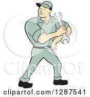 Clipart Of A Full Length Retro Cartoon Male Mechanic Holding A Wrench Royalty Free Vector Illustration