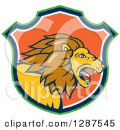 Poster, Art Print Of Cartoon Roaring Male Lion Head In A Green Blue White And Orange Shield