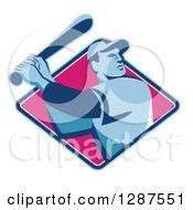 Clipart Of A Retro Male Baseball Player Batting Inside A Blue White And Pink Diamond Royalty Free Vector Illustration