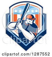 Clipart Of A Retro Male Baseball Player Batting Inside A Patriotic American Shield Royalty Free Vector Illustration