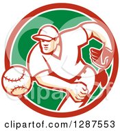 Poster, Art Print Of Retro Male Baseball Player Pitching In A Red White And Green Circle