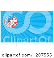 Clipart Of A Cartoon Baseball Player Pitching And Blue Rays Background Or Business Card Design Royalty Free Illustration