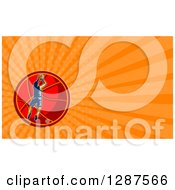 Poster, Art Print Of Retro Woodcut Basketball Player Jumping And Shooting And Orange Rays Background Or Business Card Design