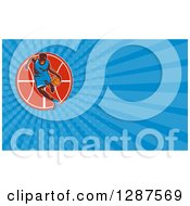 Clipart Of A Retro Basketball Player Dribbling And Blue Rays Background Or Business Card Design Royalty Free Illustration