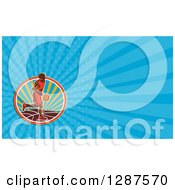 Clipart Of A Retro Woodcut Basketball Player Dribbling And Blue Rays Background Or Business Card Design Royalty Free Illustration