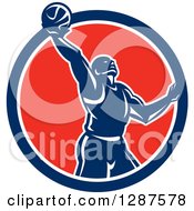 Poster, Art Print Of Retro Silhouetted Basketball Player Doing A Layup In A Blue White And Red Circle