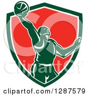 Poster, Art Print Of Retro Silhouetted Basketball Player Doing A Layup In A Green White And Red Shield