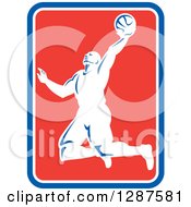 Poster, Art Print Of Retro Silhouetted Basketball Player Doing A Layup In A Blue White And Red Rectangle
