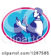Retro Male Barber Cutting A Clients Hair With Clippers In A Pink White And Blue Oval
