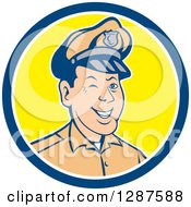 Poster, Art Print Of Retro Cartoon Winking White Male Police Officer In A Blue White And Yellow Circle