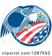 Poster, Art Print Of Bald Eagle Perched On An American Flag In A Blue And White Circle