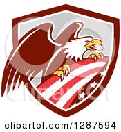 Poster, Art Print Of Bald Eagle Perched On An American Flag In A Brown White And Gray Shield