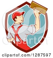 Clipart Of A Retro Cartoon White Male Plasterer In A Maroon White And Turquoise Shield Royalty Free Vector Illustration