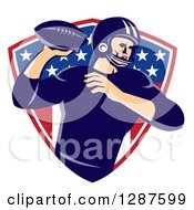 Poster, Art Print Of Retro American Football Player Passing The Ball Over An American Shield