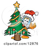 Poster, Art Print Of Wireless Cellular Telephone Mascot Cartoon Character Waving And Standing By A Decorated Christmas Tree