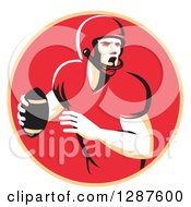 Poster, Art Print Of Retro Male American Football Player Shouting And Passing The Ball In A Pastel Orange And Red Circle