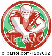 Poster, Art Print Of Retro Male American Football Player In Snap Position In A Red White And Green Circle