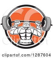 Poster, Art Print Of Retro Strong Knight Working Out With A Barbell In A Black White And Orange Circle