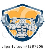 Poster, Art Print Of Retro Strong Knight Working Out With A Barbell In A Blue White And Yellow Shield