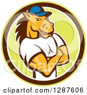 Cartoon Casual Muscular Horse Man With Folded Arms In A Green Brown Adn White Circle
