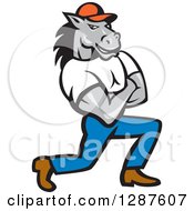 Clipart Of A Cartoon Casual Muscular Horse Man Kneeling With Folded Arms Royalty Free Vector Illustration