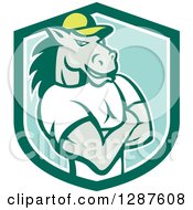 Poster, Art Print Of Cartoon Casual Muscular Horse Man With Folded Arms In A Green Turquoise And White Shield