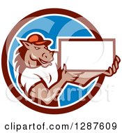 Poster, Art Print Of Cartoon Casual Muscular Horse Man Presenting A Sign In A Brown White And Blue Circle