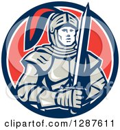 Clipart Of A Retro Male Knight In Armor Holding A Sword In A Blue White And Red Circle Royalty Free Vector Illustration
