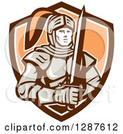 Clipart Of A Retro Male Knight In Armor Holding A Sword In A Brown White And Pastel Orange Shield Royalty Free Vector Illustration