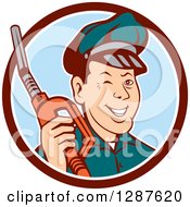 Retro Cartoon Winking Gas Station Attendant Jockey Holding A Nozzle In A Brown White And Blue Circle