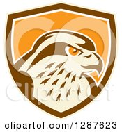 Poster, Art Print Of Retro Peregrine Falcon Head In A Tan Brown White And Orange Shield